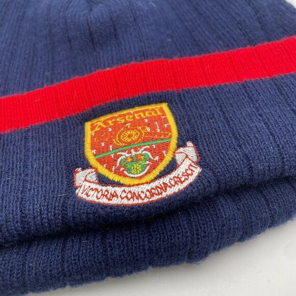 Original 90s Vintage Arsenal Embroidered Navy Blue Woolen Beanie Hat Official - Picture 2 of 3